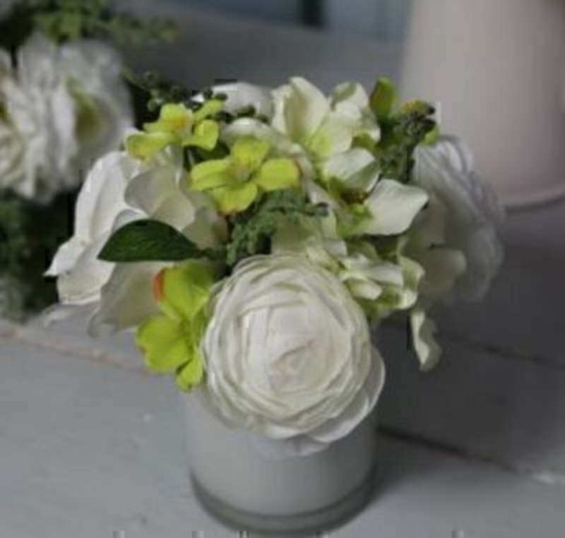 White Green Artificial Rose Flower Arrangement in pot by Bloomsbury. White Glass Pot. Can also be called silk flowers the quality of these artificial flowers by Bloomsbury is second to none. For Realistic fake or silk flowers Bloomsbury are the perfect